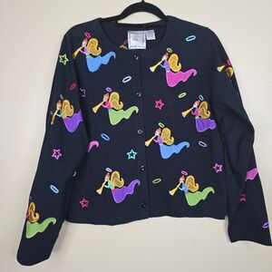 Michael Simon Lite art deco angels cardigan size L cotton